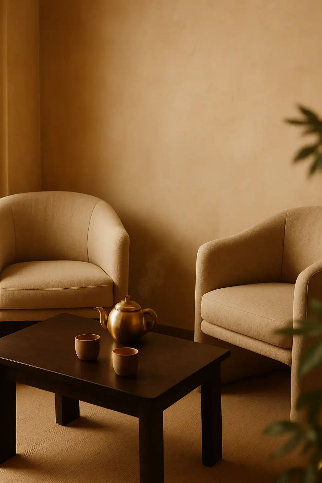 Two linen armchairs and a brass teapot with two poured cups of golden tea in a quiet clinic corner