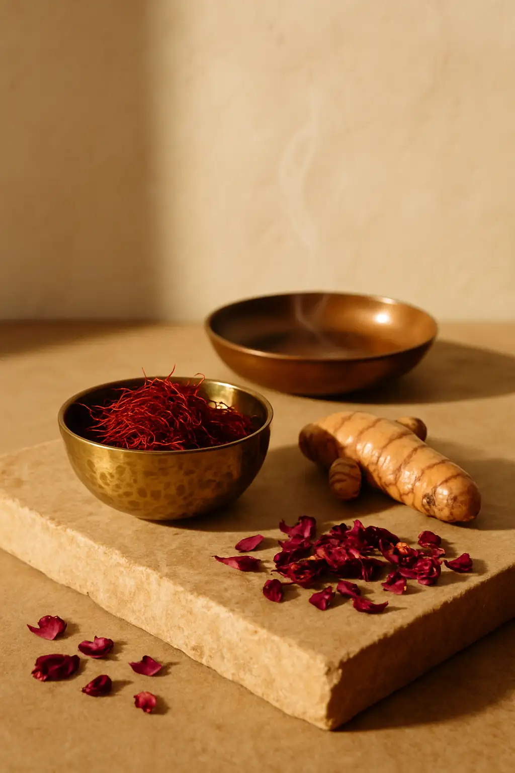 A brass bowl of saffron threads and turmeric root on warm stone, with steam rising
