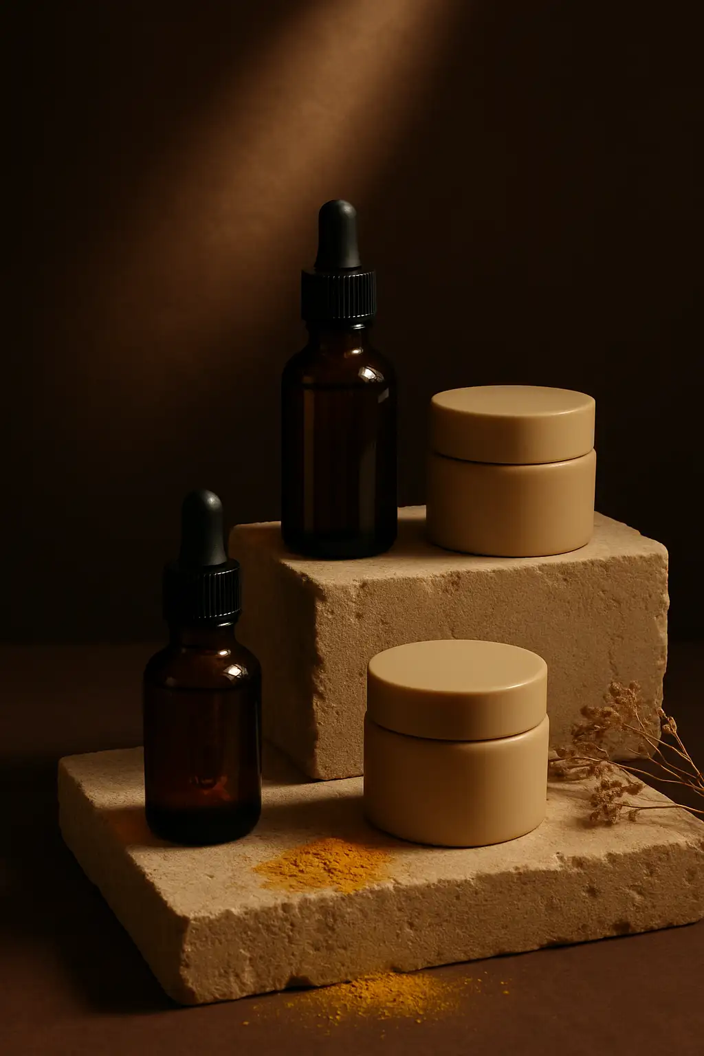 Amber glass bottles and small cream jars arranged on stepped stone with dried botanicals
