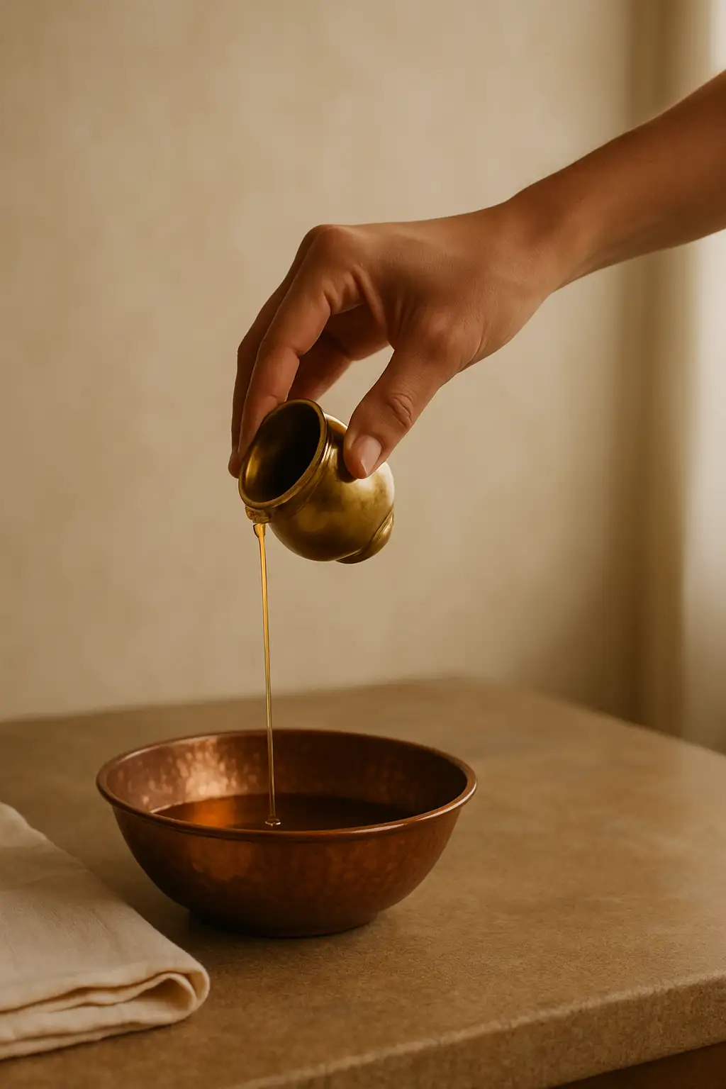 A single hand pouring warm golden oil from a small brass vessel into a copper bowl